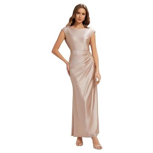 Ever-Pretty abiti da damigella collo rotondo senzamaniche satin maxi gonna svasata champagne 42