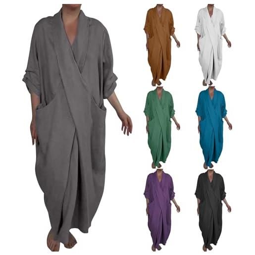 KonJim maxi abiti da donna in cotone e lino con maniche a 3/4 casual con scollo a v abito lungo caftano taglie forti abito avvolgente premaman increspato con tasche oversize estate fluida boho abiti