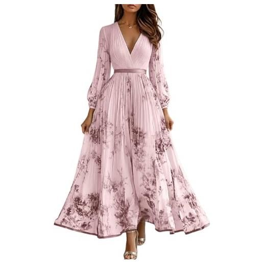 shownicer vestito donna elegante abito cerimonia vestito lungo stampa floreale manica lunga vestiti in chiffon a rosa s
