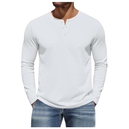 ORANDESIGNE t shirt uomo maglietta manica lunga slim fit henley tshirt maglia bottone a bianco m