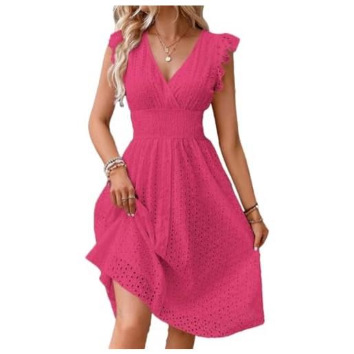 shownicer abito donna estivo vestito in pizzo senza maniche abiti corto in tinta unita casual scollo a v linea a con volant abito da spiaggia a rosa xxl