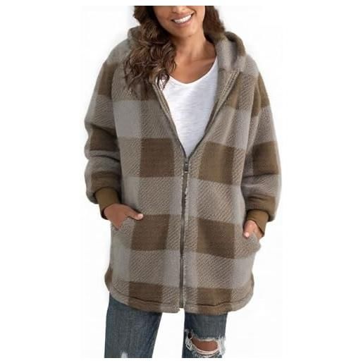 ABINGOO donna felpa con cappuccio in pile manica lunga giacche a scacchi e cappotti casual allentato outwear con tasche vello caldo giacca autunno inverno(caffè, xl)