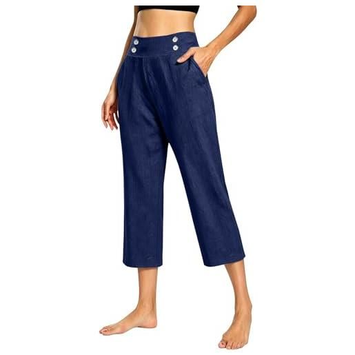 Generico pantaloni 3/4 donna estivi larghi pantaloni curvy cotone e lino pinocchietto eleganti vita alta pantalone capri con tasche lunghi per ufficio pants comoda e traspirante palazzo donna