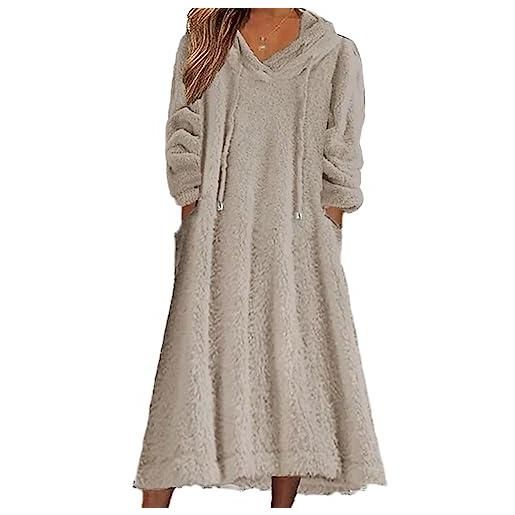 shownicer abito felpato in pile donna vestito elegante lungo felpa con cappuccio manica lunga tinta unita abito super spessore caldo hoodie con tasche a cachi xxl