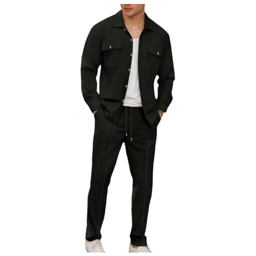 Generisch set da uomo in maglia a maniche lunghe e pantaloni, abbigliamento da lavoro casual, due tasche, colore puro, outfit, comodo, elegante, nero , m