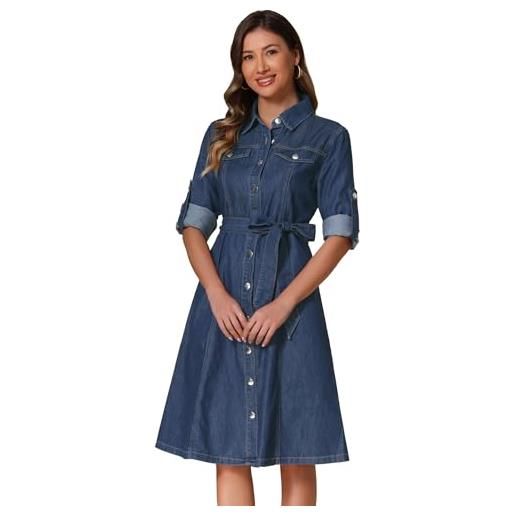 Allegra K abito camicia in denim da donna abbottonato manica lunga con cintura classico abito in jeans