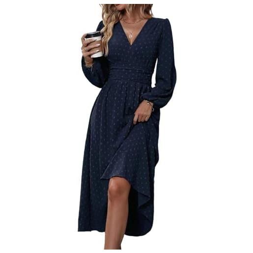 HUXRAKV abito da donna con maniche lunghe a pois abito elegante con scollo a v e vita alta perfetto per eventi autunnali e casual