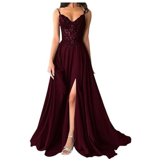 shownicer abito cerimonia donna vestito lunghi eleganti matrimonio abito da sera in chiffon vita alta scollo a v abiti in pizzo vestiti con spacco a rosso scuro 48