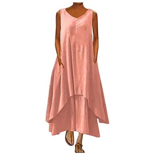 ORANDESIGNE abito lungo donna cotone e lino caftano boho abito ampio casual moda manica lunga scollo a v abiti lunghi vestito estivo taglie forti eleganti vestiti 2 in 1 maxi abito c rosa xl