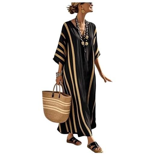 Generico elegante vestito lungo donna - estate boho caftano scollo v mezze maniche lino stampa vestibilità ampia con tasche abito spiaggia vacanza leggero traspirante fluido