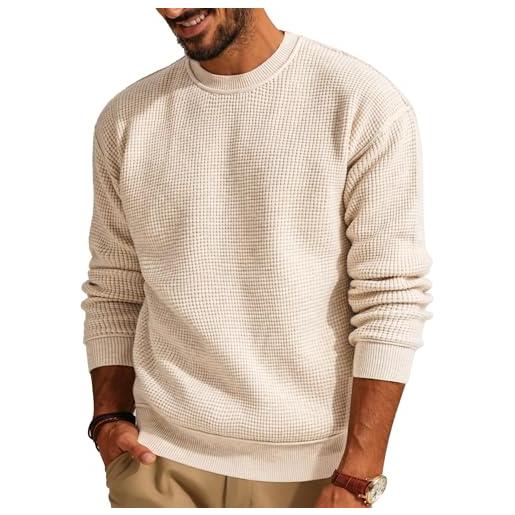 QUNERY maglione girocollo da uomo pullover autunno invernale maglia waffle lavorato maglioni casual manica lunga beige m