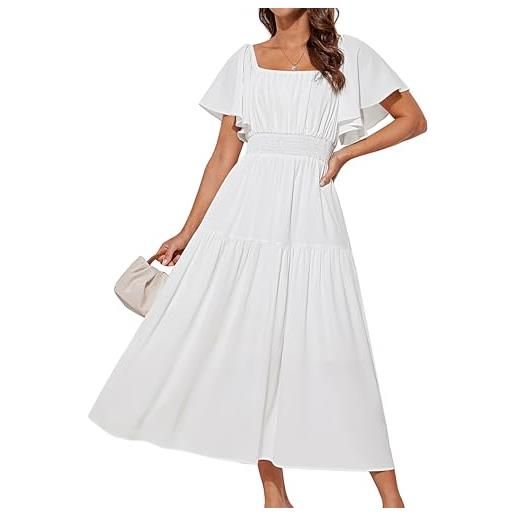 GRACE KARIN vestito donna lungo chiffon elegante con maniche a sbuffo e vita alta abito cerimonia estivo bianco m