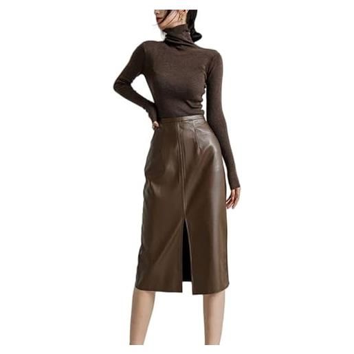 Generic gonna in pelle a vita alta con taglio a trapezio per donna, elegante gonna a tubino vintage con cerniera in pu e tasche, abito da ufficio avvolgente in similpelle nera, lunghezza al ginocchio, marro
