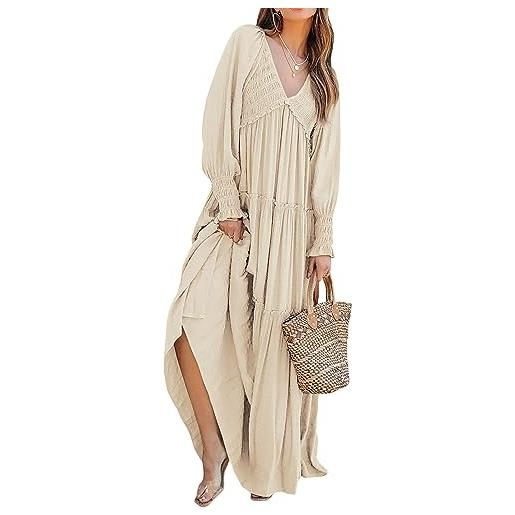 R.Vivimos abito lungo da spiaggia con scollo a v boho da donna a maniche lunghe con volant a più livelli flowy maxi abito(s, beige)