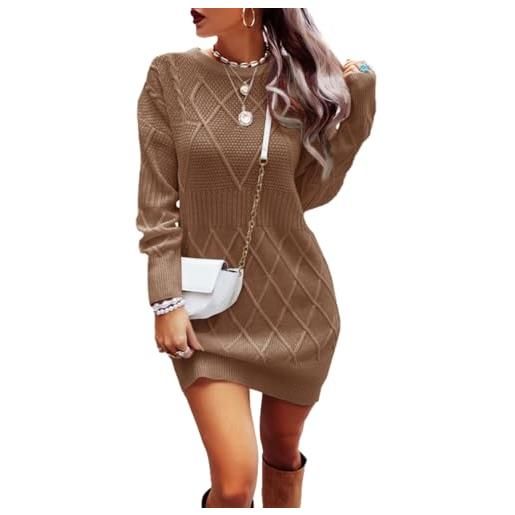 Fisoew abito da donna a maniche lunghe, girocollo, invernale, a maglia, sexy, slim fit, maglione