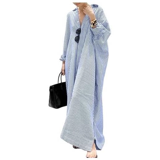 LIUYUYOUGO vestito donna abiti a righe per donna taglie forti maxi abito in cotone e lino a maniche lunghe casual ampio con bottoni caftano estivo eleganti camicette lunghe oversize da spiaggia blu