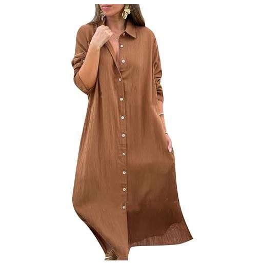 BOFETA donne abiti midi casual in garza con spacco laterale maniche lunghe colletto abito chemisier in cotone e lino cachi m