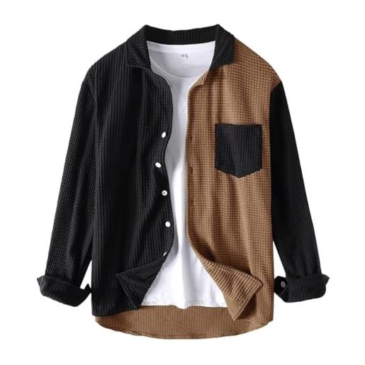 Oanviso camicia uomo giacca da uomo velluto a coste camicia con risvolto manica lunga casual camicia con pulsanti primavera splicing moda autunno colori contrastanti giacca leggera c marrone xxl