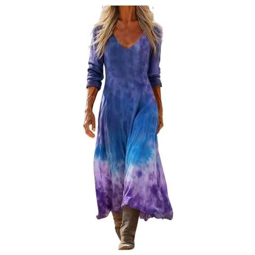Generico vestito lungo donna boho chic abito maxi elegante in lino e cotone scollo a v manica 3/4 vintage etnico con tasche per mare spiaggia vacanza taglie forti comodo moda 2026