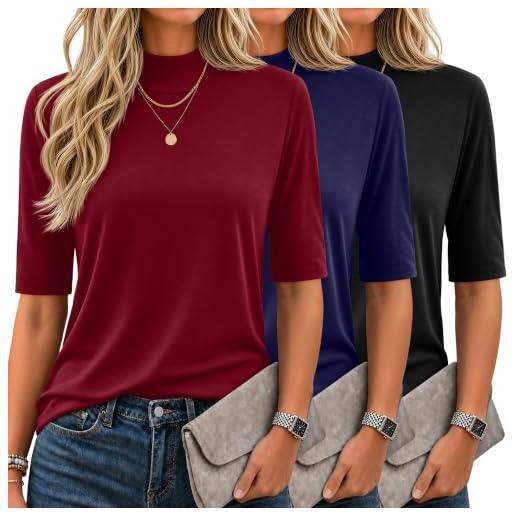 Ficerd - confezione da 3 magliette casual estive basiche da donna con collo alto a maniche lunghe e mezza manica(xl, nero, blu navy, rosso vino)