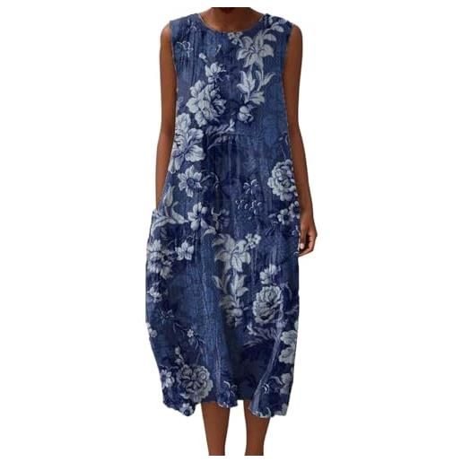 Mfhmom vestito donna estivo lino effetto pieghettato abito lungo senza maniche boho chic casual spiaggia vacanza stampe colorate girocollo comodo leggero midi gown