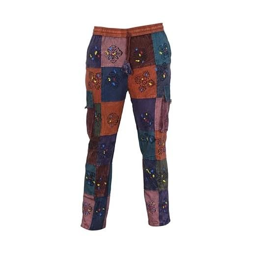Ezhippie pantaloni unisex patchwork hippie 100% cotone stile bohémien pantaloni cargo con elastico in vita, m