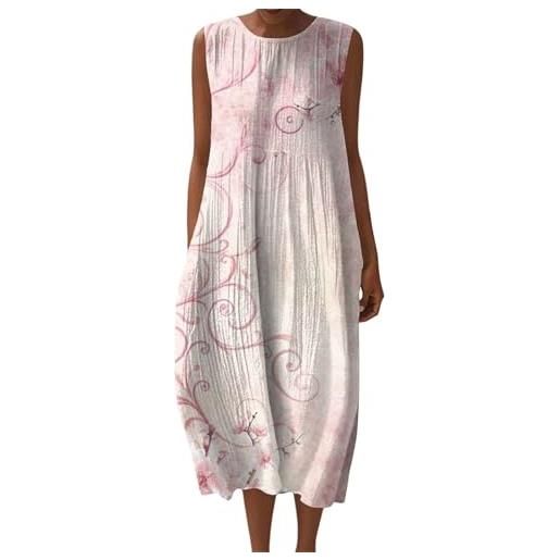 Generico vestito lino donna estivo elegante floreale prendisole girocollo senza maniche con tasche copricostume mare spiaggia taglie forti comode curvy moda bohemien 2026 chic leggero fresco