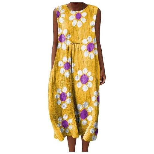 Generico abito estivo donna lungo in lino boho chic vestito senza maniche girocollo con tasche floreale casual per mare spiaggia vacanza comodo taglie forti curvy moda 2026 elegante