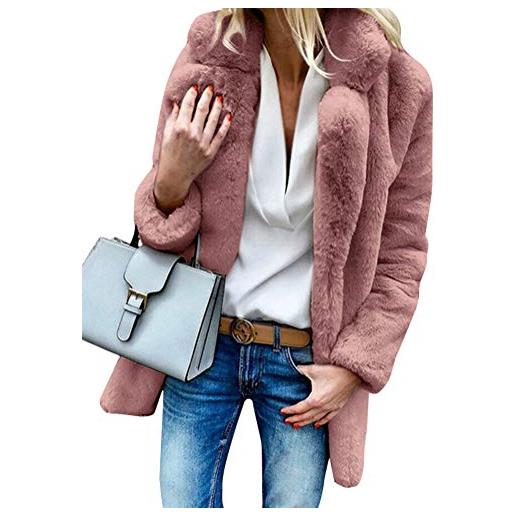 ShallGood donna cappotto lunghi pelliccia ecologica manicotto cappotti caldo inverno giacca con cappuccio pelliccia sintetica tinta unita risvolto outwear scuro rosa it 46