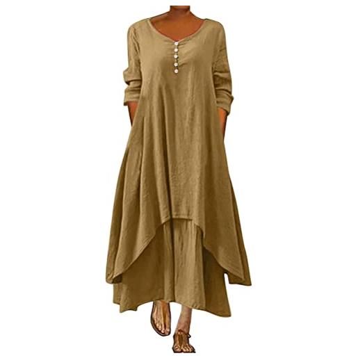 ORANDESIGNE abito lungo donna cotone e lino caftano boho abito ampio casual moda manica lunga scollo a v abiti lunghi vestito estivo taglie forti eleganti vestiti 2 in 1 maxi abito a cachi l