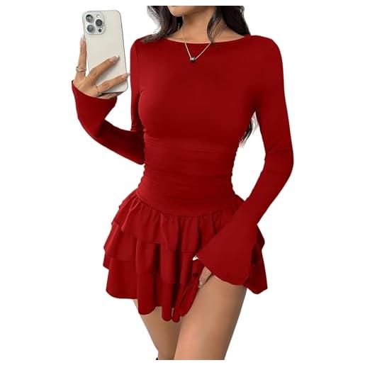 Sukiglam vestito donna elegante mini abito maniche lunghe scollo a barchetta sexy abiti corto con volant a strati casual vestito a line aderente abito da sera discoteca cocktail festa autunno inverno