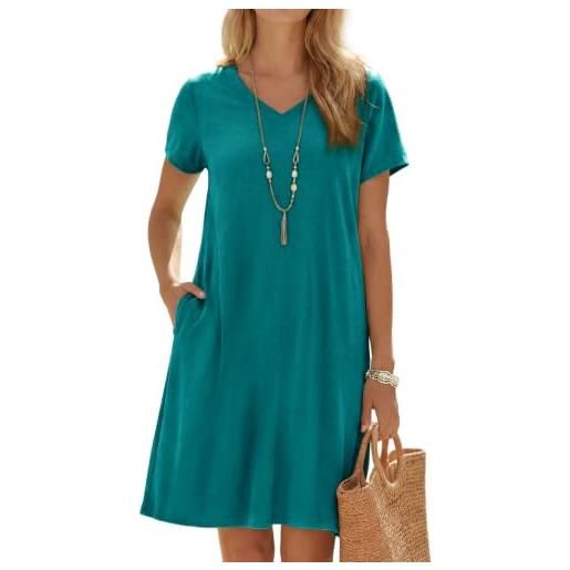 Enmain vestito lino donna estivo con maniche corte scollo v vestiti midi donna estivi elegante casual spiaggia con tasche abito tinta unita per vacanze senza accessori