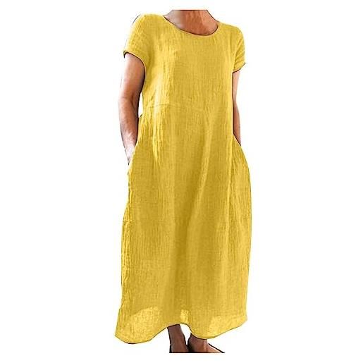 Fulidngzg vestiti lunghi estivi donna, vestito donna lino naturale con tasche laterali e scollo rotondo lunghezza ginocchio taglia generosa morbido stile minimalista tessuto sfuso per vacanza casalinga​
