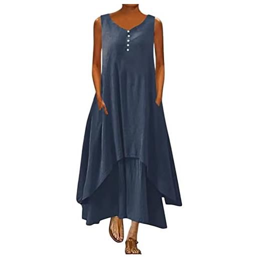 ORANDESIGNE abito lungo donna cotone e lino caftano boho abito ampio casual moda manica lunga scollo a v abiti lunghi vestito estivo taglie forti eleganti vestiti 2 in 1 maxi abito c marino xl