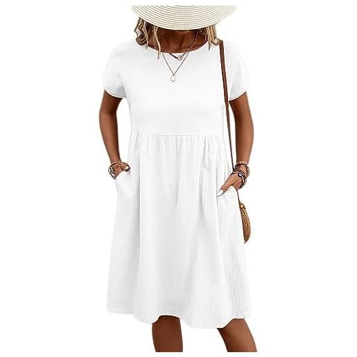 Onsoyours abito lungo da donna in lino a maniche corte abiti casual tinta unita elegante girocollo al ginocchio vestiti sciolto con tasche vestito da cocktail estivo a bianco l