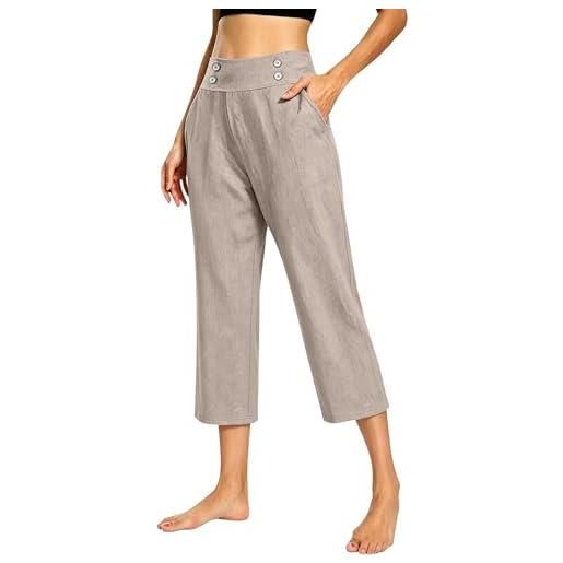 Generico pantaloni 3/4 donna estivi larghi pantaloni curvy cotone e lino pinocchietto eleganti vita alta pantalone capri con tasche lunghi per ufficio pants comoda e traspirante palazzo donna