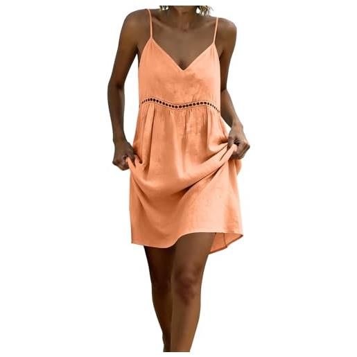 Generic abito lungo estivo donna - vestito donna estivo corto in cotone lino, scollo a v con spalline sottili, tinta unita, abito casual prendisole leggero per mare vacanza spiaggia