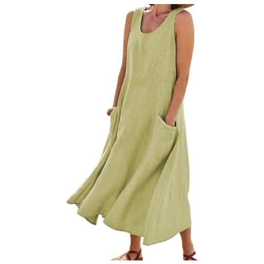 Generico abiti estivi da donna 2025, maxi dress senza maniche in cotone e lino, casual largo monocromatico taglie forti con tasche (light green, xxl)