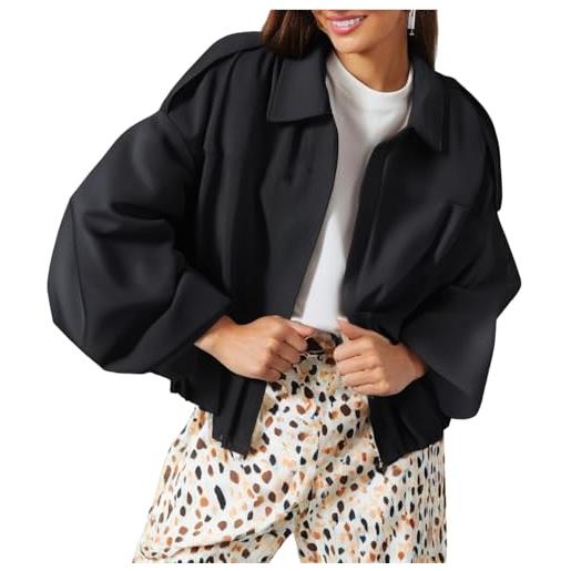 VerverSenceiy giacca pilota da donna alla moda per il passaggio dall'autunno all'inverno morbida pelle scamosciata sintetica maniche a pipistrello orlo svasato chiusura con zip (nero, l)