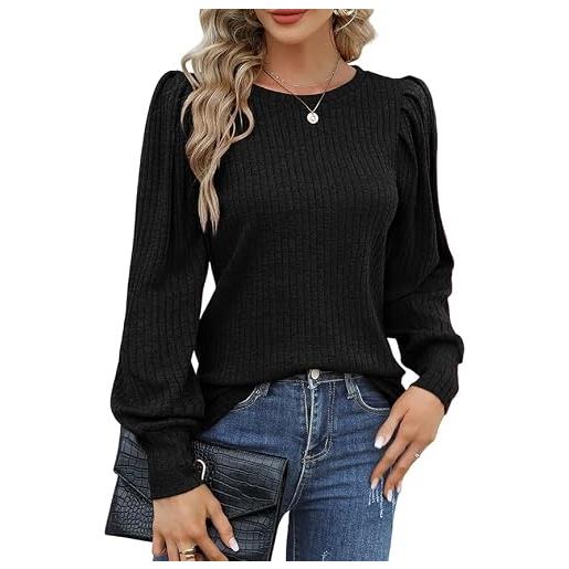 Hotouch maglia da donna a maniche lunghe, girocollo, leggera, elegante, con maniche a sbuffo, taglie 40-48