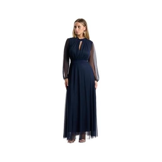 VALORIALUXE abito lungo elegante donna in tulle - collo alto con scollo a goccia, maniche trasparenti, vita segnata - vestito da cerimonia, festa ed eventi (it, testo, xxl, 3xl, regular, regular, navy)