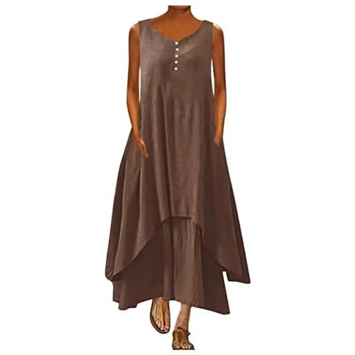 ORANDESIGNE abito lungo donna cotone e lino caftano boho abito ampio casual moda manica lunga scollo a v abiti lunghi vestito estivo taglie forti eleganti vestiti 2 in 1 maxi abito c marrone s