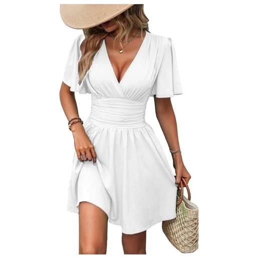 UUAISSO vestito casual da donna manica lunga vita alta a line abiti avvolgenti scollo a v midi dress maniche corte bianche s