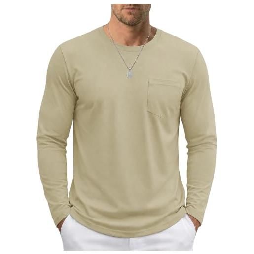 TACVASEN maglia maniche lunghe uomo con tasca in cotone moda maglietta uomo collo rotond casual classico (l, khaki)