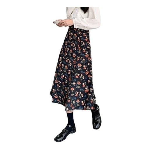 LYSSJBH gonna lunga in velluto a coste da donna, vintage, floreale, ricamata, vita alta, linea ad a, orlo largo, plissettata, gonna midi, primavera autunno, elegante, lunga, ombrello, mezza gonna, nero m