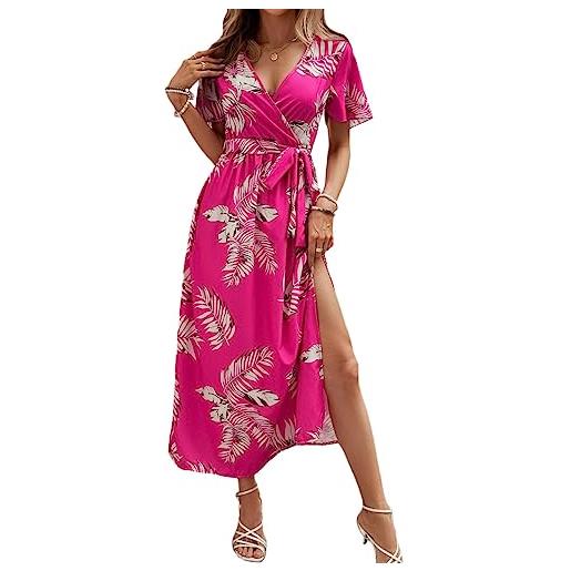 ORANDESIGNE vestito donna estivo casual scollo a v abito lungo elegante manica corta vestito boho floreale stampato midi abito da vacanze spiaggia casual vestiti con cintura c rosa rossa m