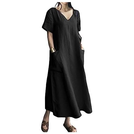 Onsoyours abito lungo estivo da donna in cotone e lino caftano allentato a maniche corte abito casual spiaggia tinta unita scollo v maxi abito largo con tasche vestito da cocktail