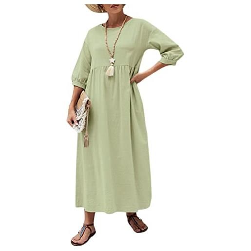 ticticlily abito lungo donna estivo elegante casuale vestito manica 3/4 girocollo abito da spiaggia casa festa abiti lino con tasche per donna b verde s