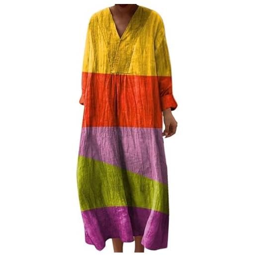 Generico vestito lino donna primavera abito lungo boho chic scollo a v maniche lunghe, maxi abito floreale vintage con tasche mare spiaggia vacanza taglie forti curvy elegante moda 2026 chic