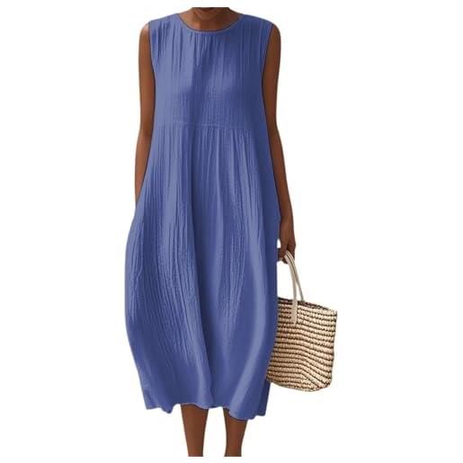 Generico abito estivo donna lungo in lino boho chic vestito senza maniche girocollo con tasche floreale casual per mare spiaggia vacanza comodo taglie forti curvy moda 2026 elegante